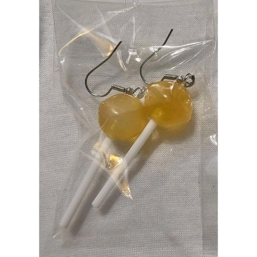 DUM DUM Lollipop Dangle Pierced Earrings Resin Silver Hook Candy 2.5" Yellow